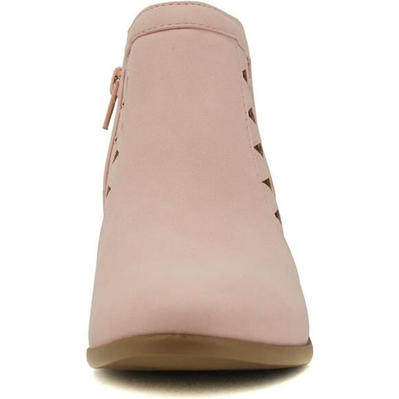 Women's Perforated Cut Out Stacked Heel Booties - Leather, Side Zipper - Picture 2 of 6